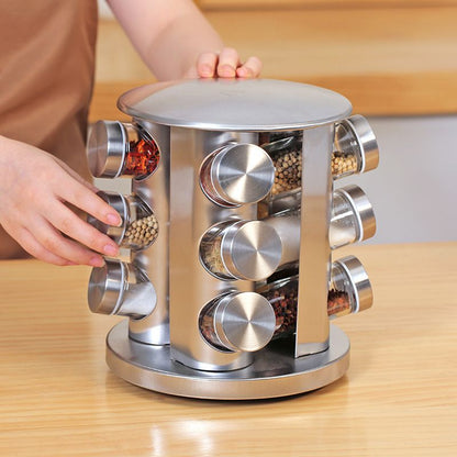 Porta Temperos e Condimentos Giratório em Inox - 12 Potes