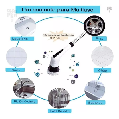 Escova Esfregão Elétrica 9 em 1 Recarregável – Rotação 360° com Cabo Extensor