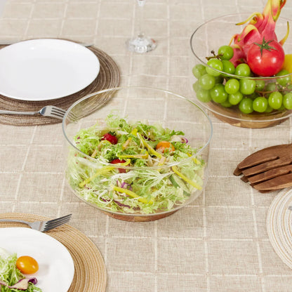 Tigela de Frutas de Vidro com Base de Madeira